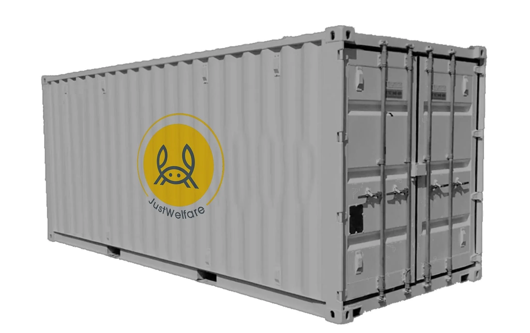 A gray shipping container with a yellow and black logo featuring a stylized pig's face and the text 'JustWelfare' underneath.