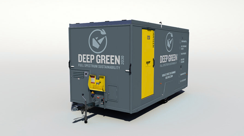 Large gray portable generator with yellow panel, branded 'Deep Green' and 'Full Spectrum Sustainability,' on a plain white background.