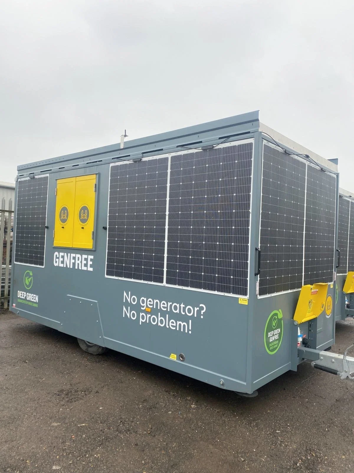 A portable generator covered with solar panels with the text "No generator? No problem!" on it, indicating it is a silent, solar-powered energy source.