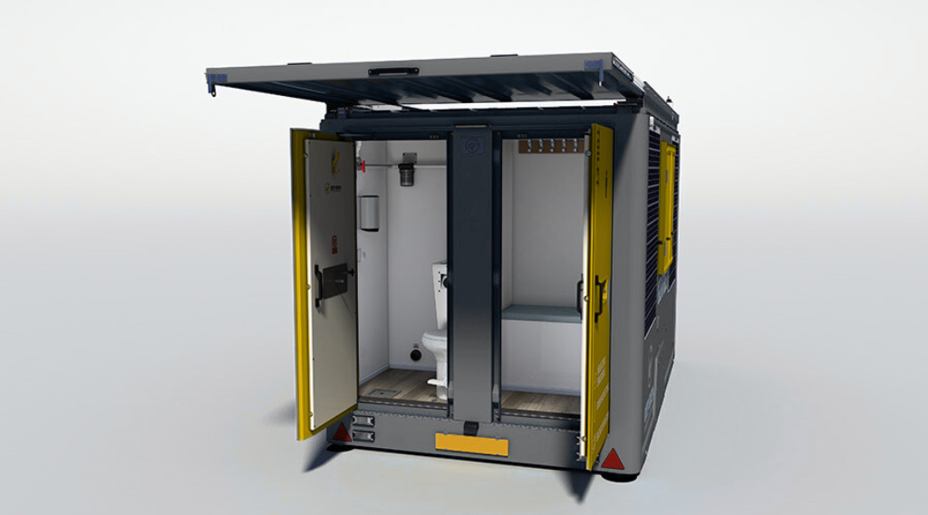 A portable restroom or toilet unit with a partially open door revealing a toilet inside.