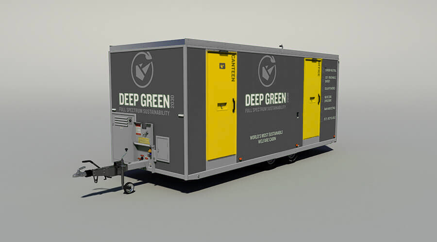 A large mobile generator with branding that reads 'Deep Green' and 'Full Spectrum Sustainability,' featuring a gray and yellow color scheme and a tow hitch at the front.