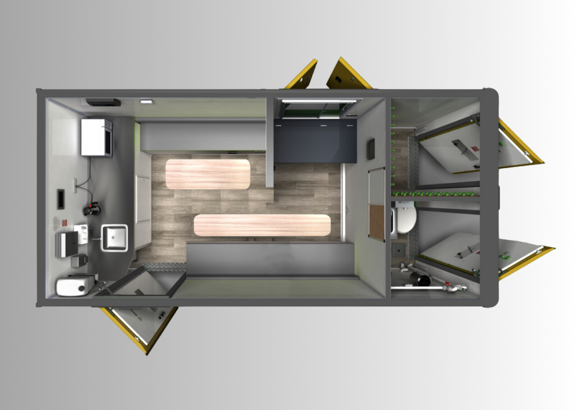 Top-down view of a small mobile office trailer with interior workspace, kitchenette, and bathroom.