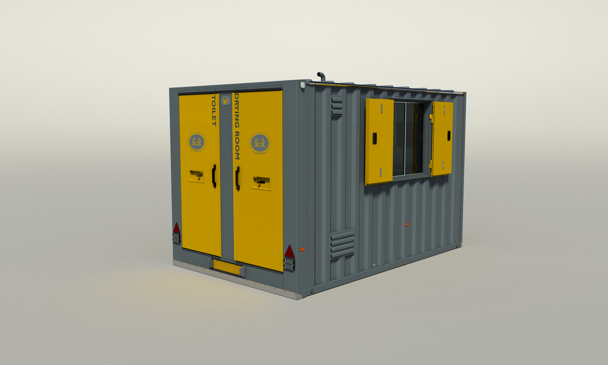 A portable toilet unit with yellow doors and gray container structure, including a window with yellow shutters, designed for outdoor sanitation facilities.