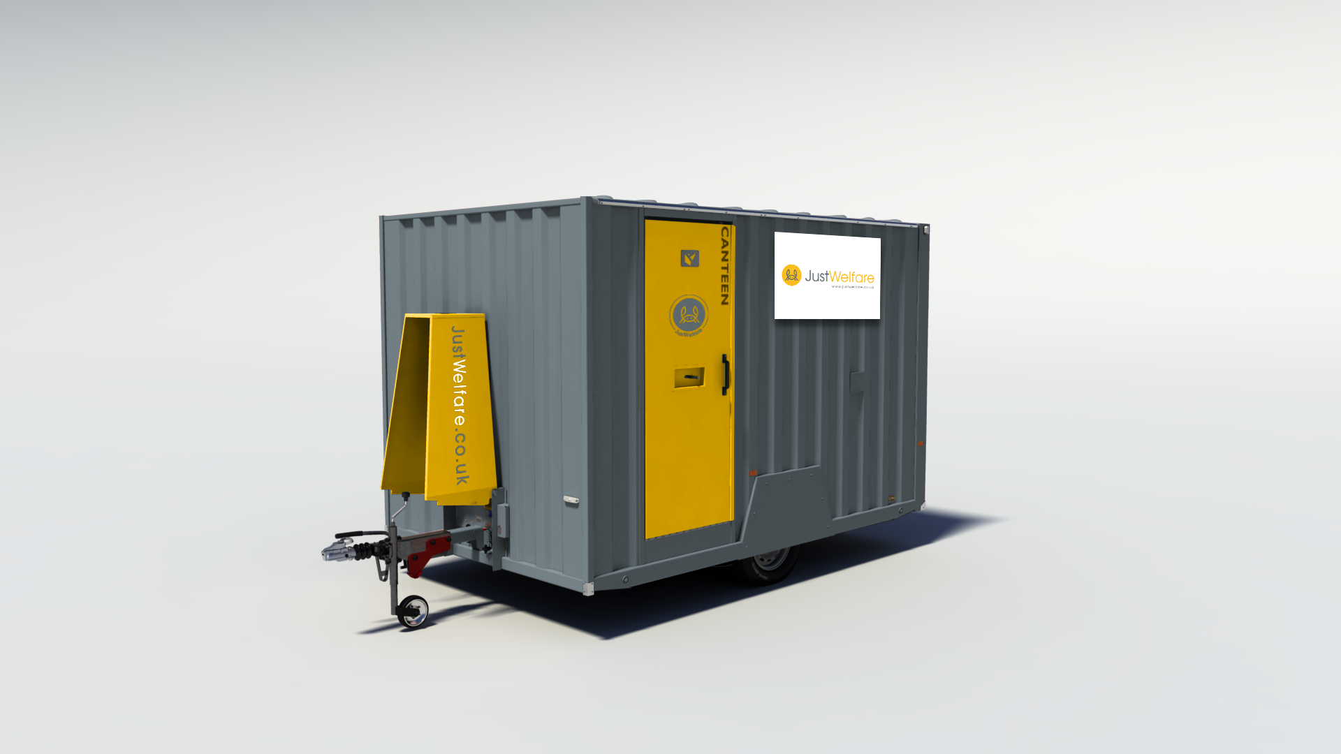 A mobile welfare office trailer with branding for JustWelfare, featuring a yellow door with a handle and a white sign on the side, and a yellow sign on the front with the website 'JustWelfare.co.uk'.