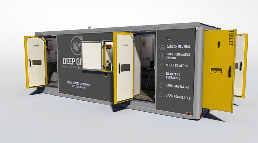 A sustainable, solar-powered, self-sufficient tiny home with multiple open doors, featuring eco-friendly features like rain harvesting and zero emissions.