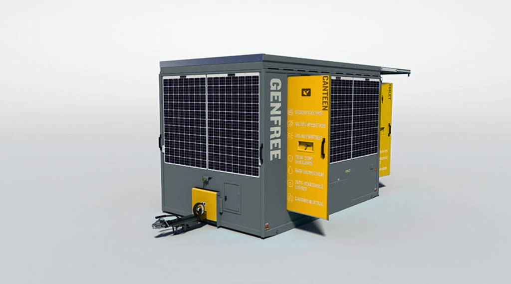 A large gray outdoor generator with solar panels on top, featuring yellow safety panels and wheels.