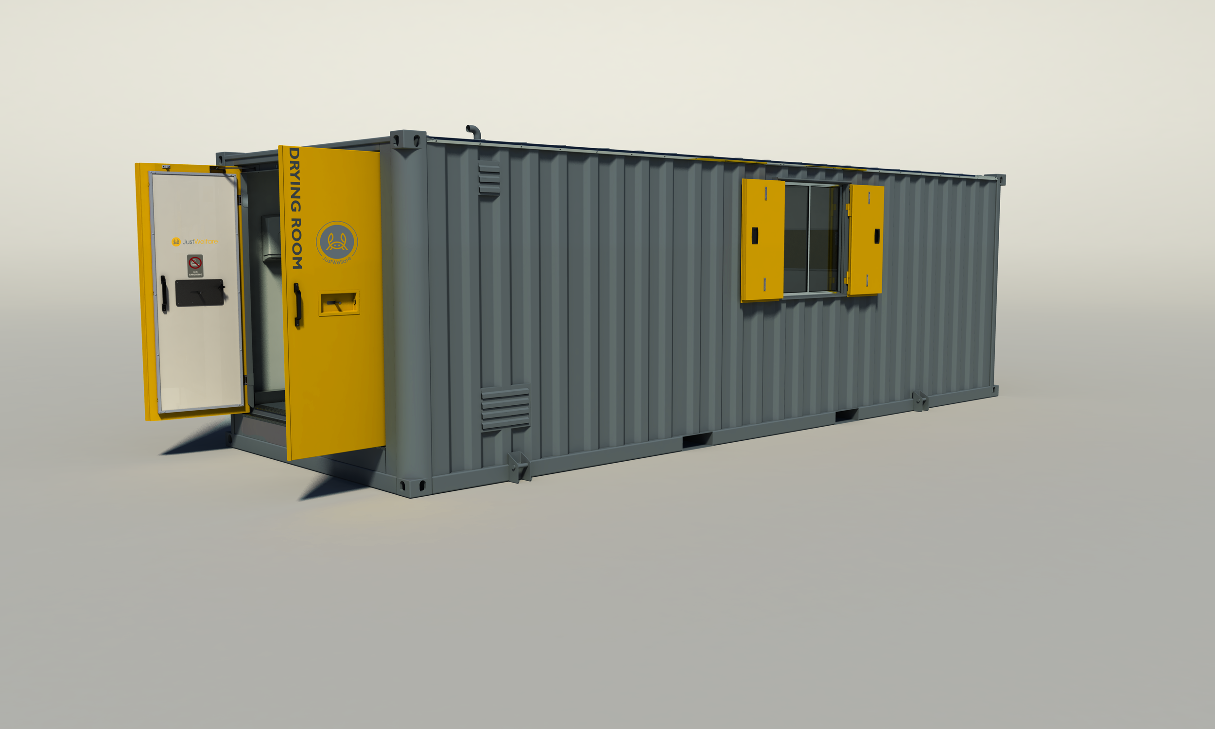 A modular portable structure labeled as a drying room, with gray and yellow panels, a small window with yellow shutters, and an open door revealing an interior space.