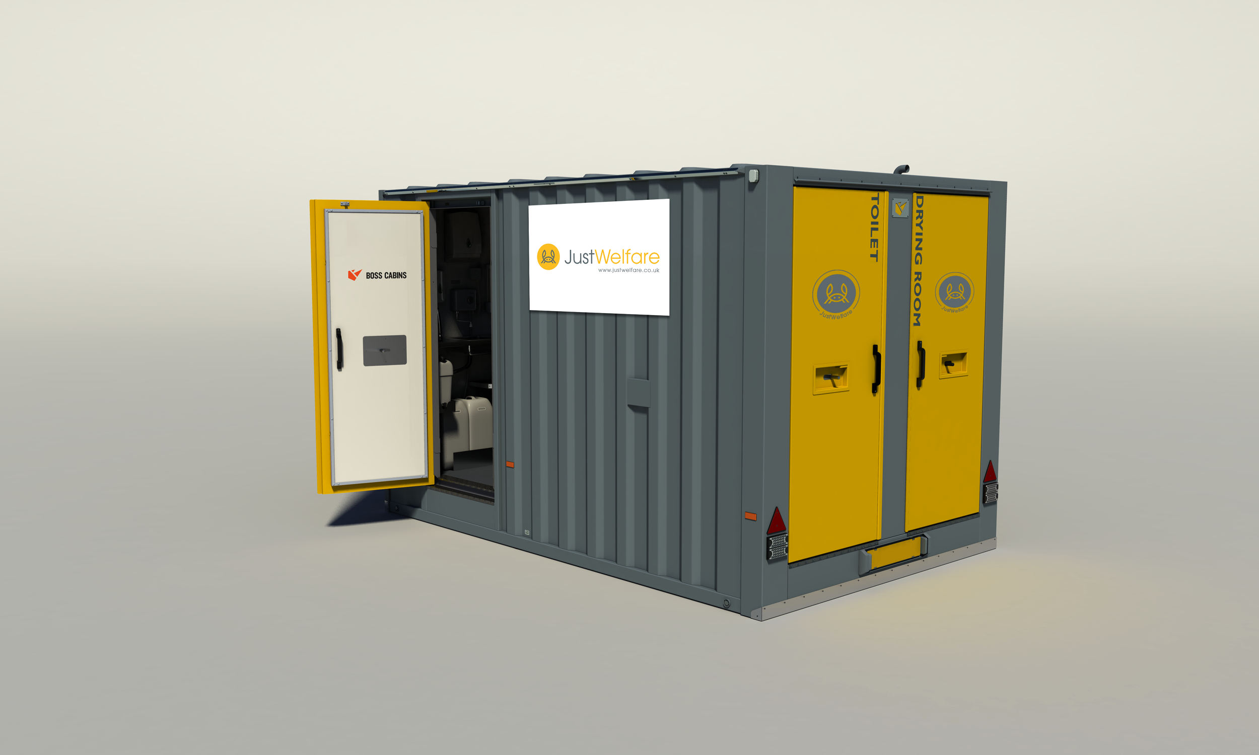 Portable welfare facility container with labeled doors for toilet and drying room, featuring logos for JustWelfare and Boss Cabinets.