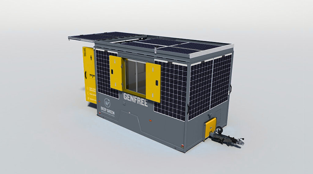 A mobile solar power generator with solar panels on top and a gray body, labeled 'GENFREL' and 'Deep Green', with yellow access doors and a towing hitch.