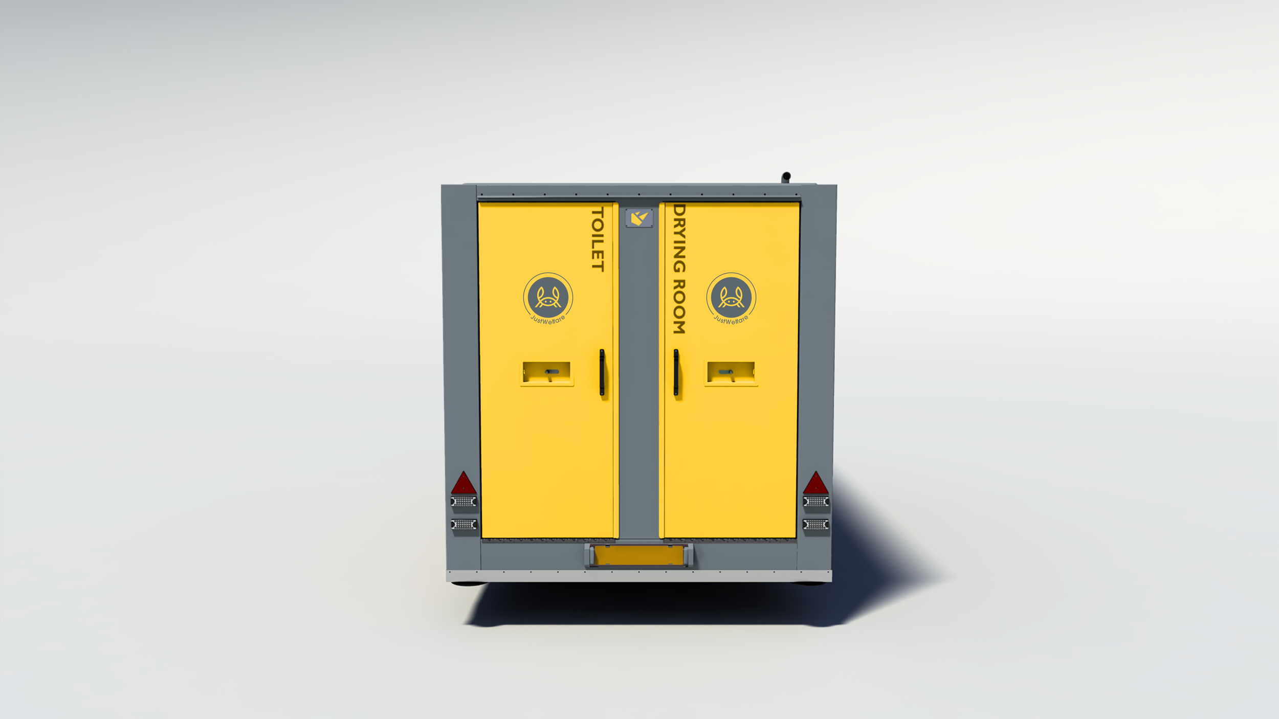 A yellow and gray cleaning supply locker with labeled doors for toilet and drying room, featuring print and safety symbols.