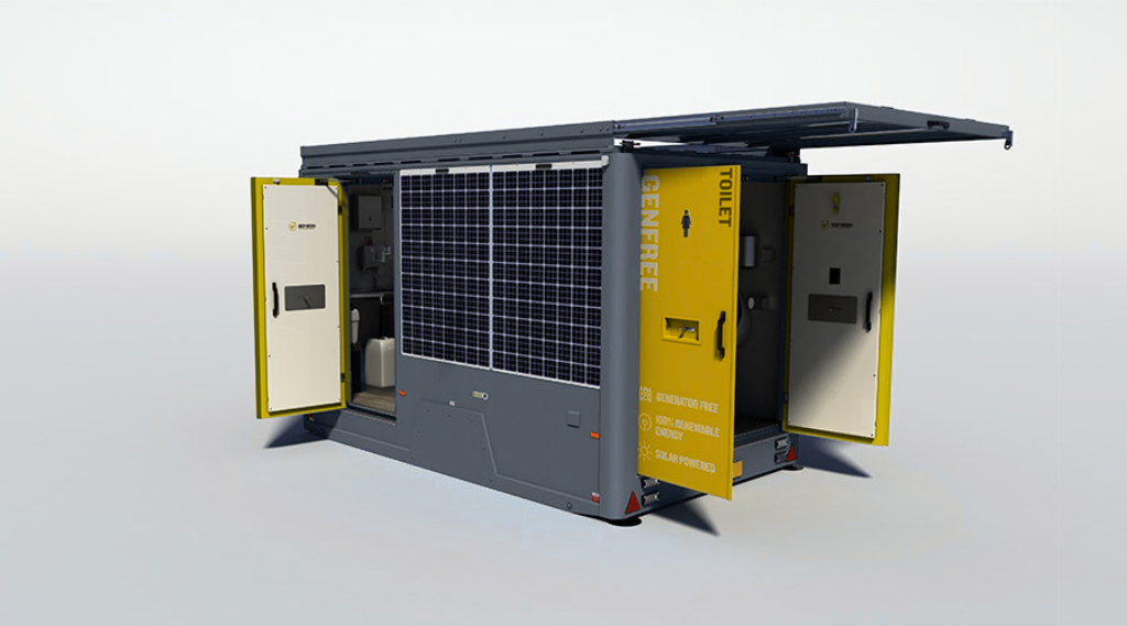 Portable solar-powered generator with solar panels, yellow storage compartments, and open doors revealing interior components, labeled as generator free, 100% renewable energy, and solar powered.