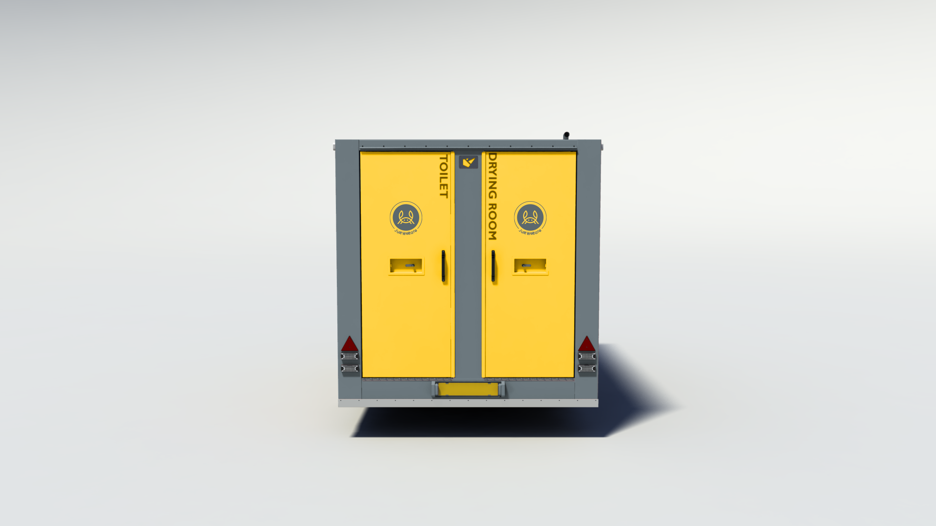 Yellow safety doors labeled 'Toilet' and 'Drying Room' with icons, set within a gray frame, against a plain white background.