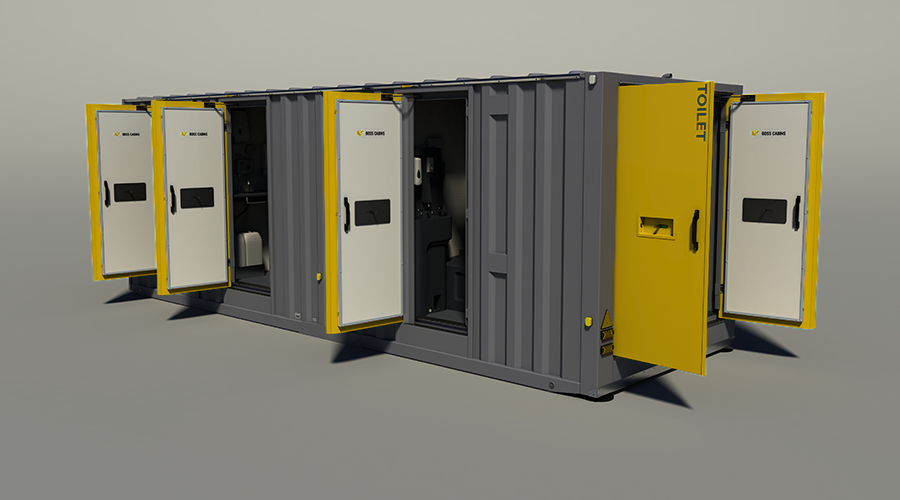 Portable toilet unit with multiple compartments, featuring yellow doors and a gray exterior, set on a plain gray background.