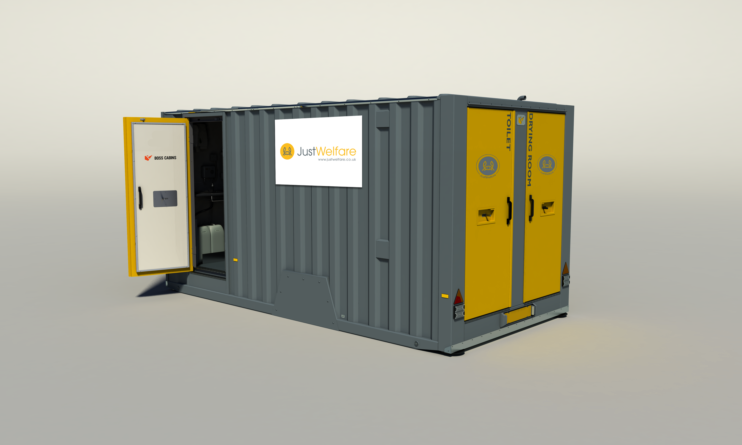 Portable toilet and shower room unit with branding for JustWelfare, Boss Cabins, and graphic icons, on a plain background.