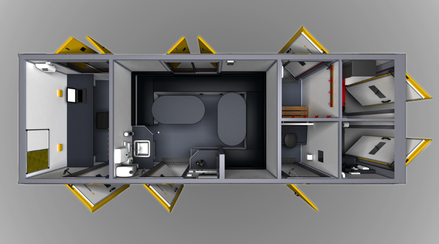 Top-down view of a compact modular building with multiple rooms including an office, bathroom, and storage areas, designed with yellow and gray exterior panels.
