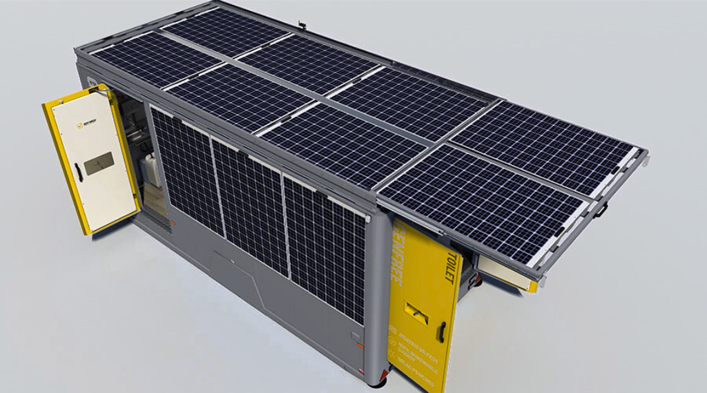This is an industrial solar energy system with solar panels on top and a cabinet with a door open on the side, labeled with safety and operational information.