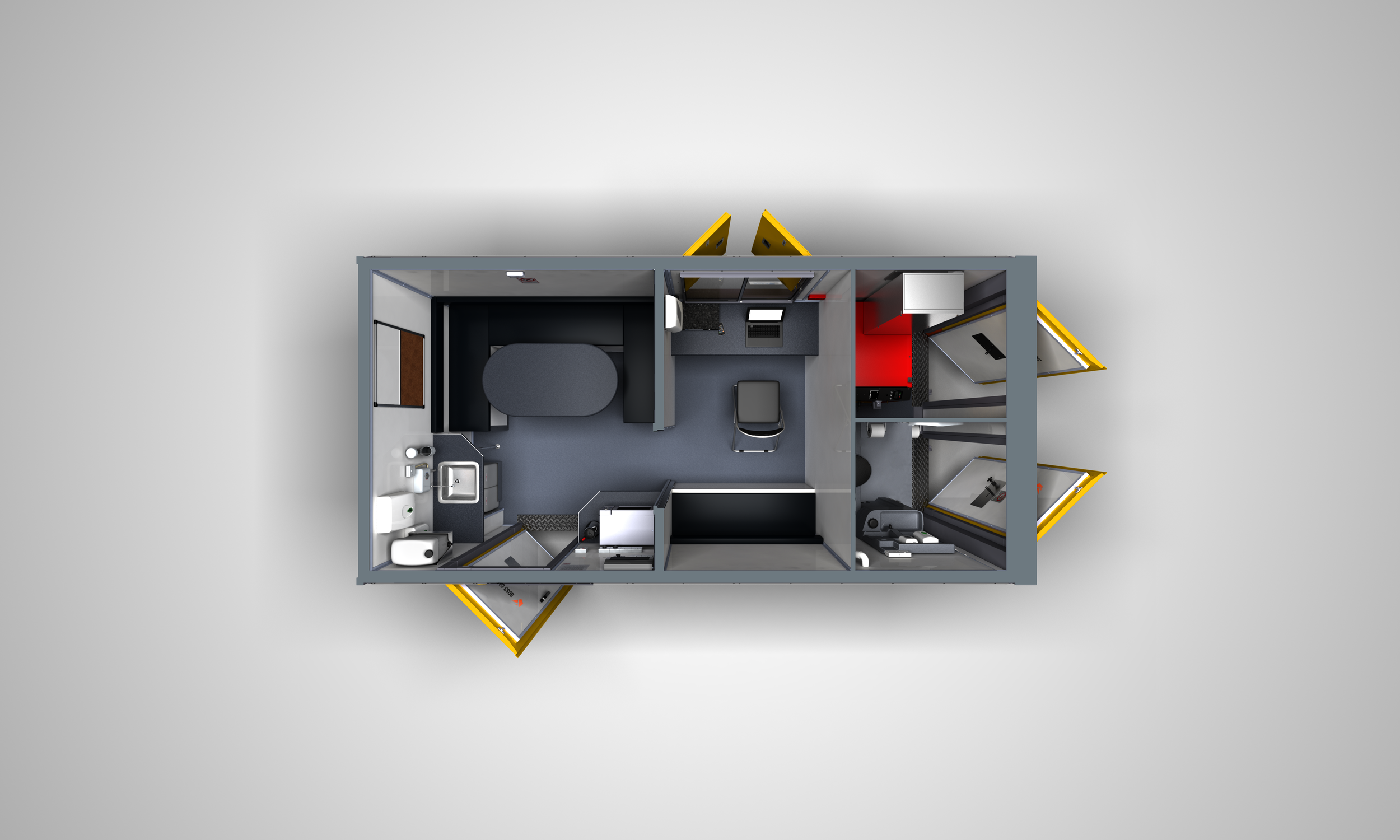 Top-down view of a small, rectangular modular office or living space with various rooms, including a bathroom, kitchenette, small office, and seating area, with yellow exterior features.
