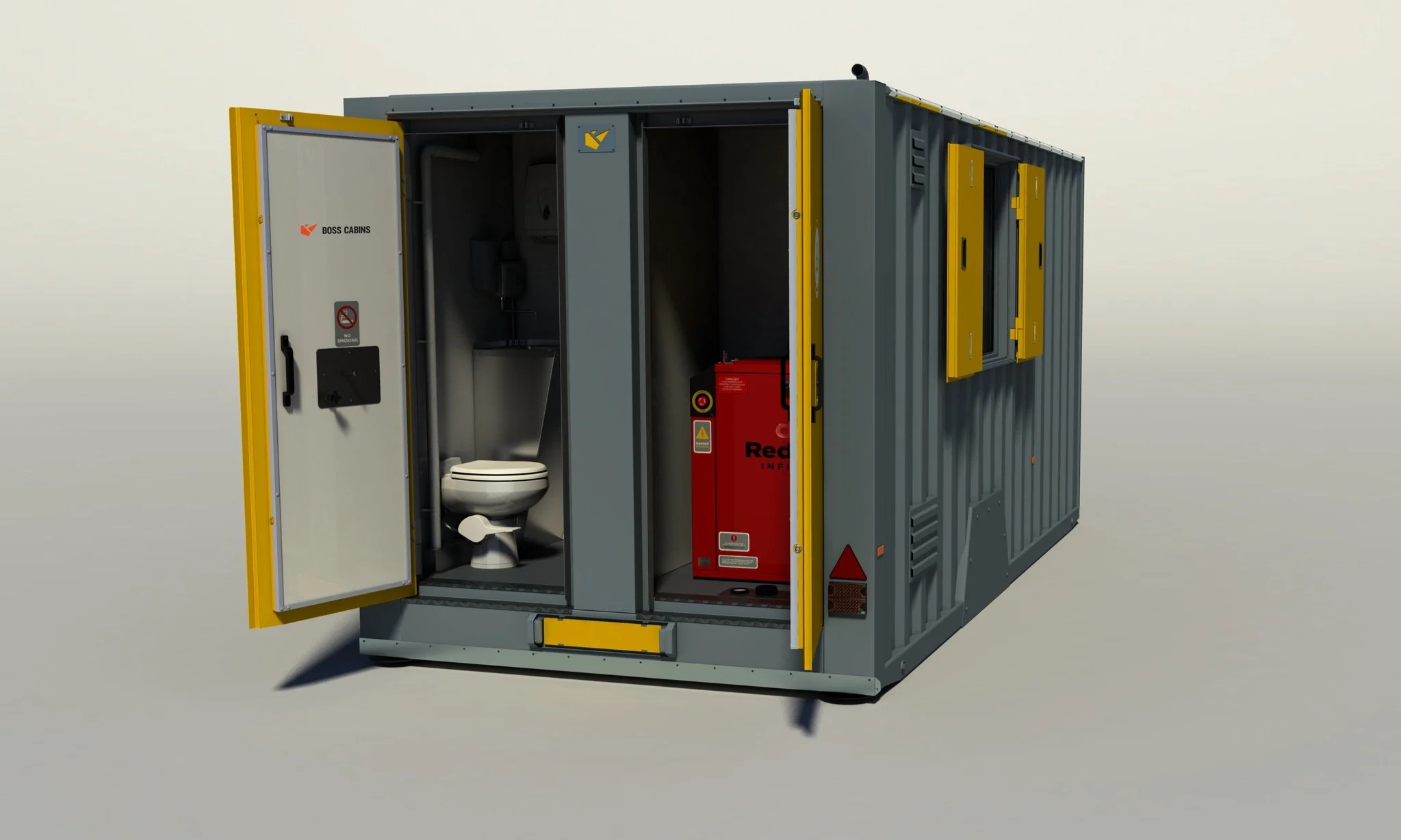 A compact, portable restroom unit with an open door revealing a toilet and a small sink inside. The exterior is gray with yellow accents, and there are safety signs and equipment inside.