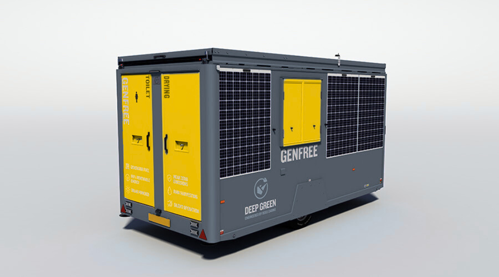 Mobile generator with solar panels on the sides, labeled with GENFREE, Deep Green, and Safe Power.