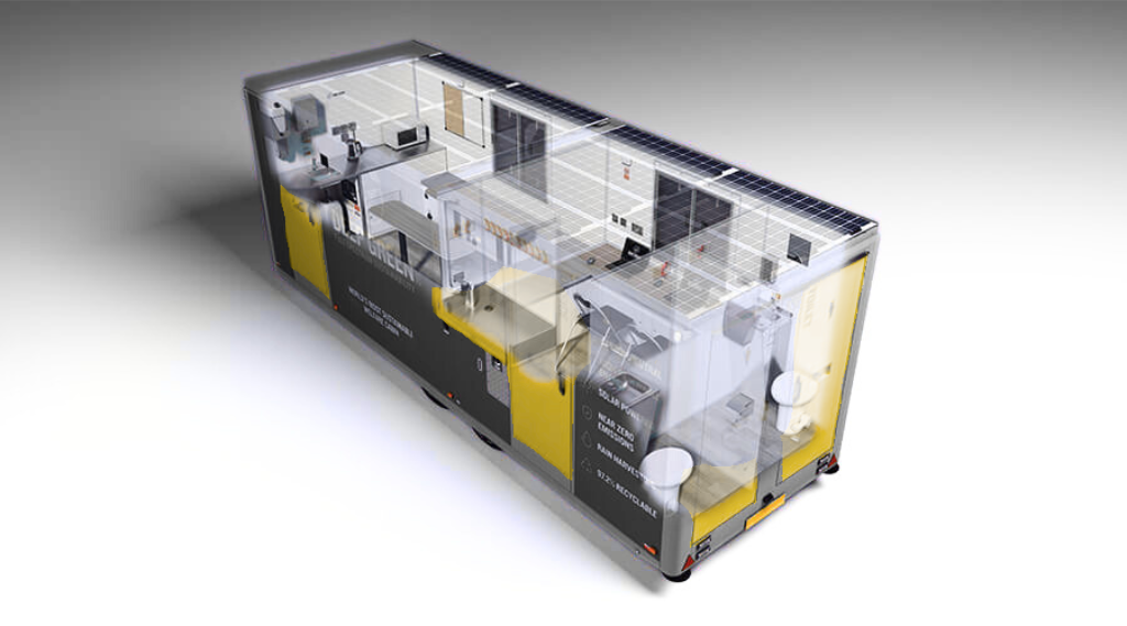 A transparent model of a mobile medical or lab unit with various equipment and workstations inside.