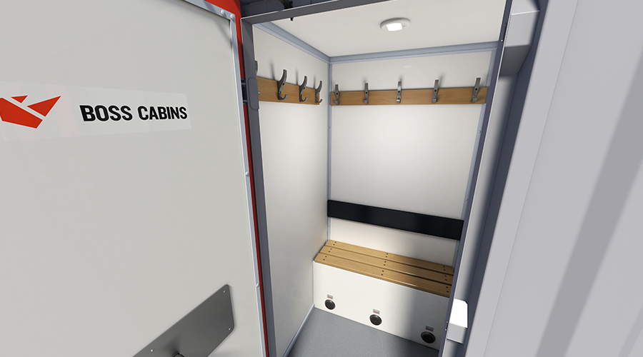 Interior of a worker's locker with hooks on the wall, a bench, and a small storage area at the bottom, labeled 'Boss Cabins'.