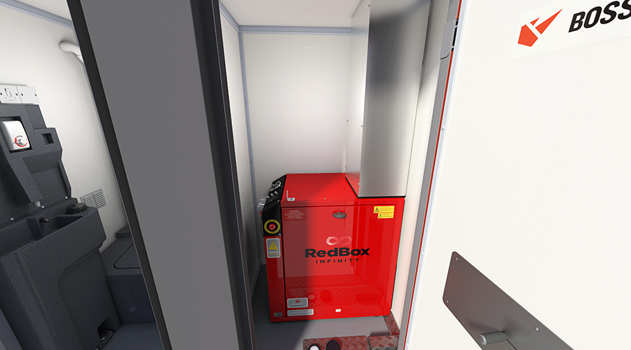 RedBox INFINITY machine inside a small, enclosed space, with equipment and a partially visible door on the right, and what appears to be a power outlet and controls on the left wall.