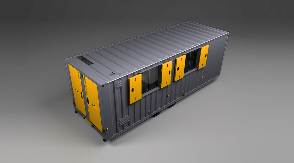 A large gray industrial container with yellow doors and panels, set on a plain gray background.