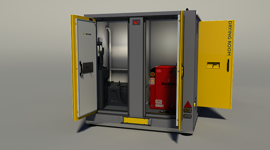Industrial safety cabinet with one side labeled 'Diving Room' and containing fire safety equipment, including a red fire extinguisher, and a separate compartment for a toilet.