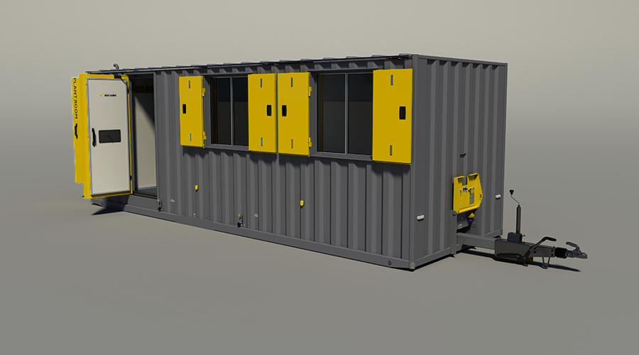 A portable classroom trailer made from a repurposed shipping container with yellow window shutters and a door, equipped with a hitch for towing.