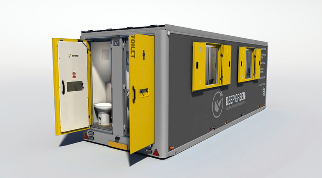 Portable modular toilet with open door revealing a toilet inside