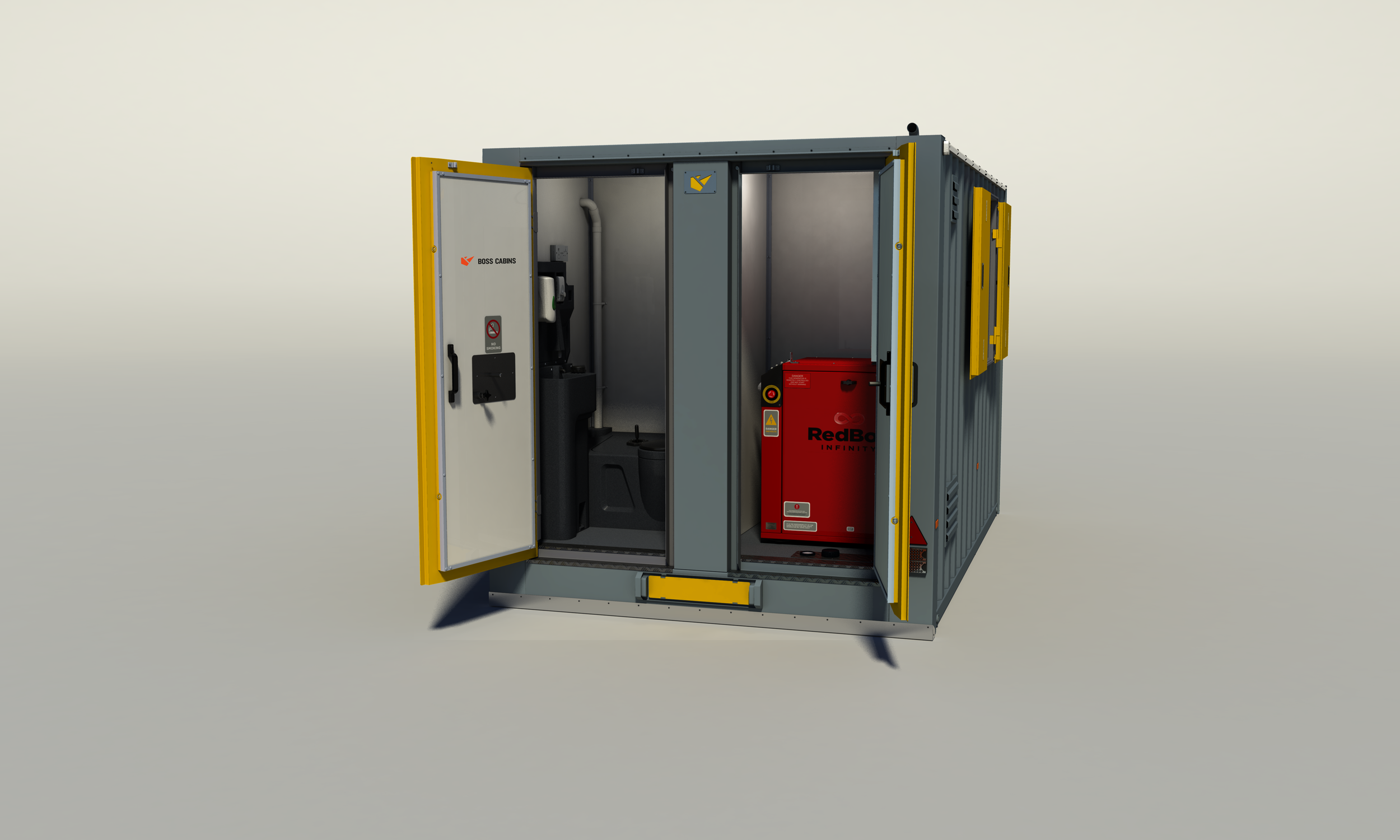 A portable restroom unit with open doors revealing various equipment inside, including a red generator labeled RedBack, a black tire, and white hand sanitizers.