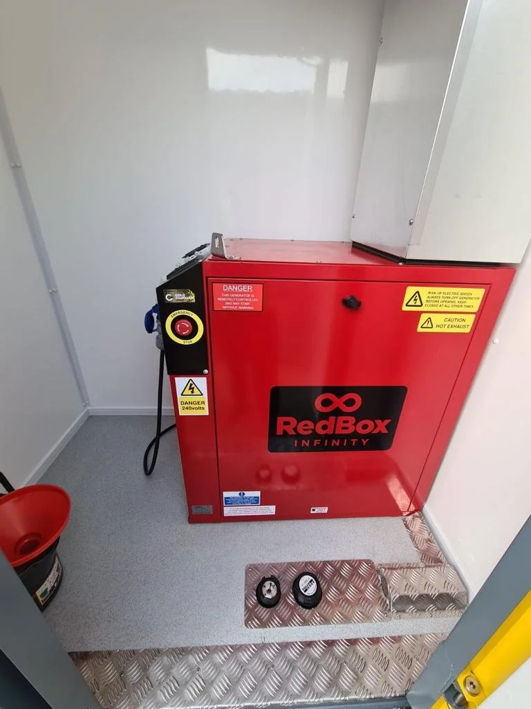 Red Box Infinity equipment with warning labels, electrical meters, and warning symbols, located in a small room with a gray floor and plain white walls.
