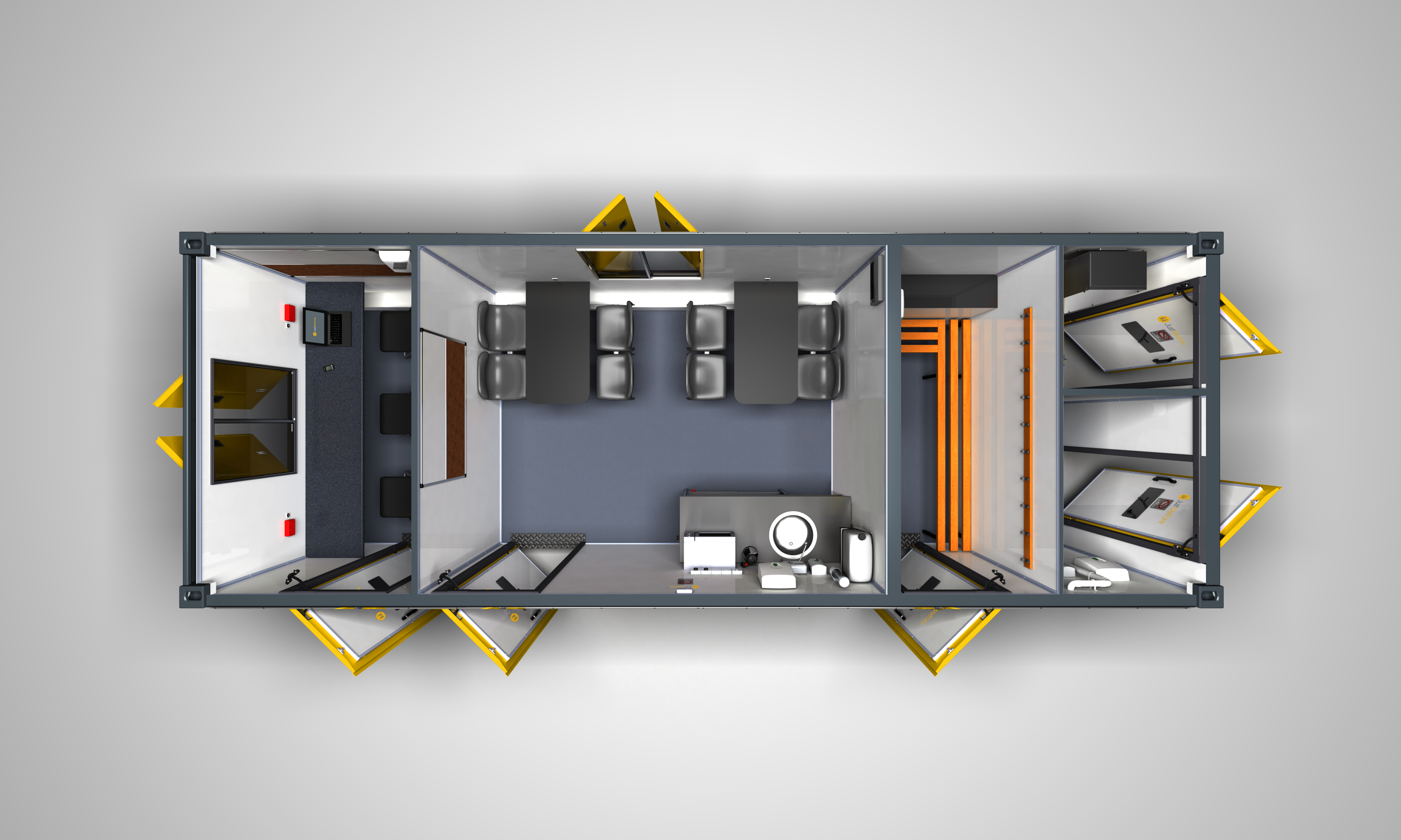 Elevated view of a mobile office and medical trailer with sectioned areas including a waiting area, medical exam space, and utility section.