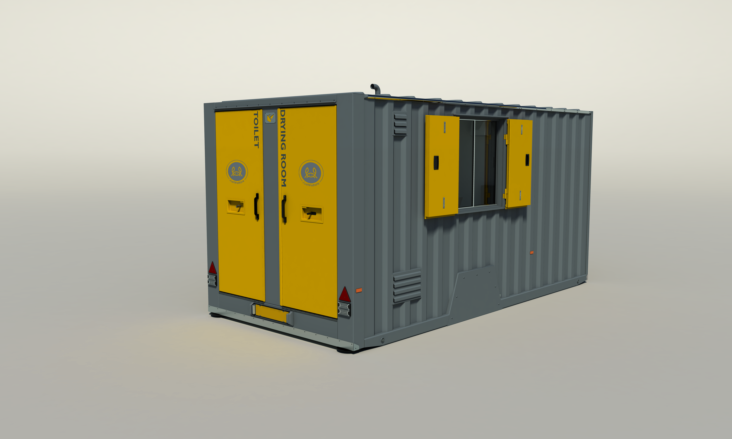A portable modular toilet and drying room unit with yellow doors labeled 'TOILET' and 'DRYING ROOM' on a gray shipping container structure, featuring a small window and ventilation panels.