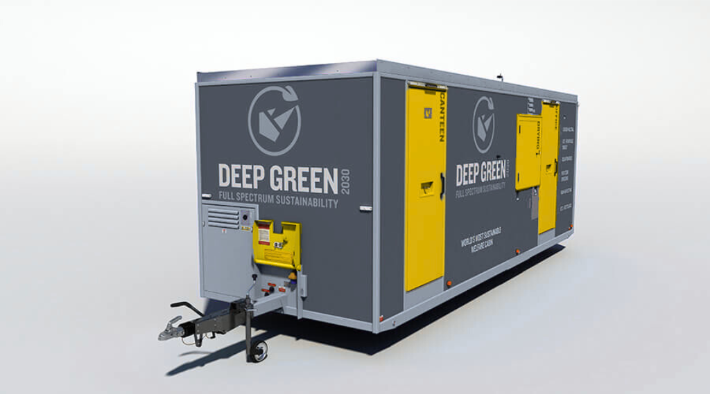 A gray and yellow mobile generator trailer with branding for 'Deep Green' and 'Full Spectrum Sustainability'