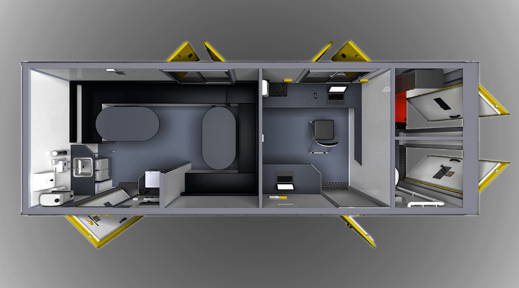 A 3D floor plan of a mobile medical clinic with distinct sections for restrooms, a treatment area, an office, and privacy chambers.