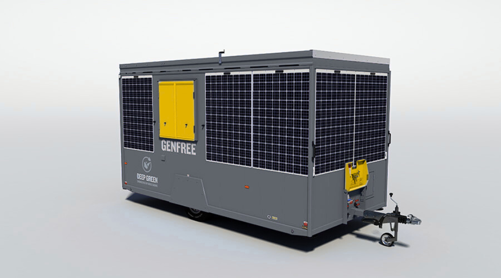 A large portable generator with solar panels, gray exterior, yellow access panels, and branding that reads 'GENFREE' and 'DEEP GREEN'. It has a hitch for towing.