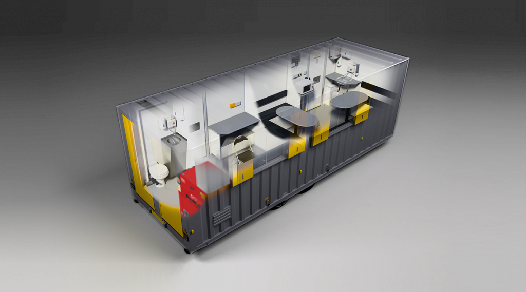  A medical simulation container with a restroom, office, and laboratory setups inside.
