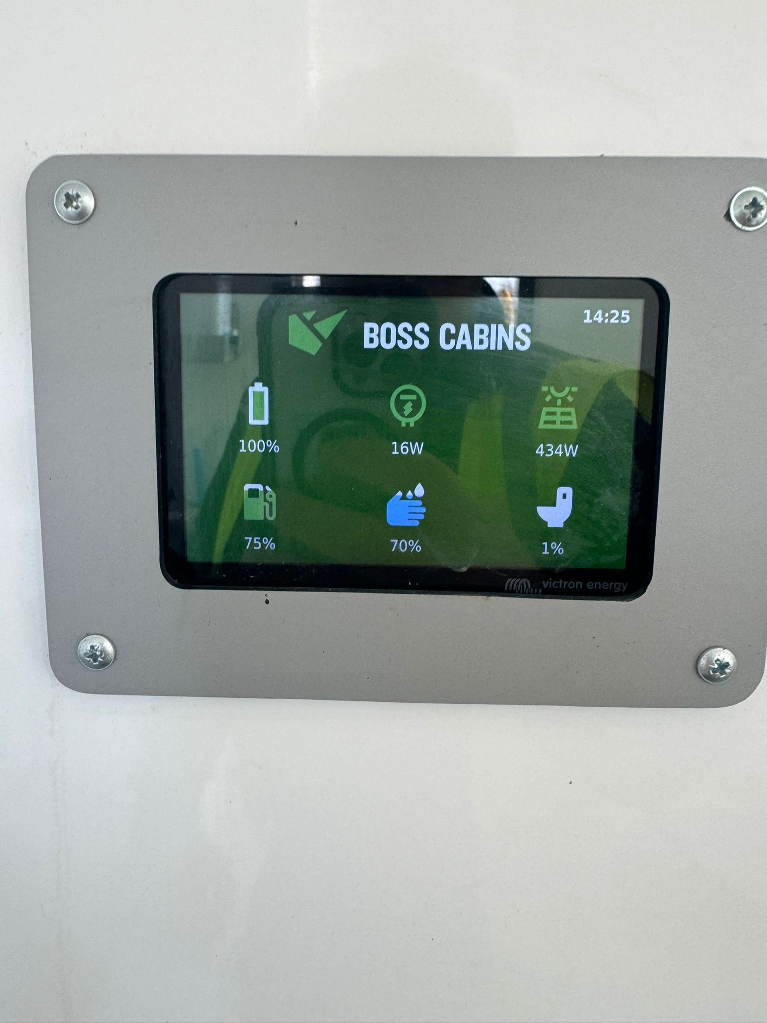 Digital display panel showing battery level, energy consumption, and other technical data at Boss Cabins.