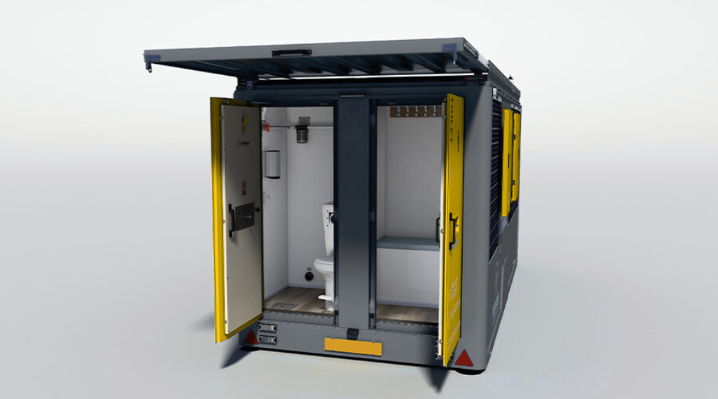 A portable sanitation unit with its doors open, showing a toilet inside and a small enclosed space for privacy.