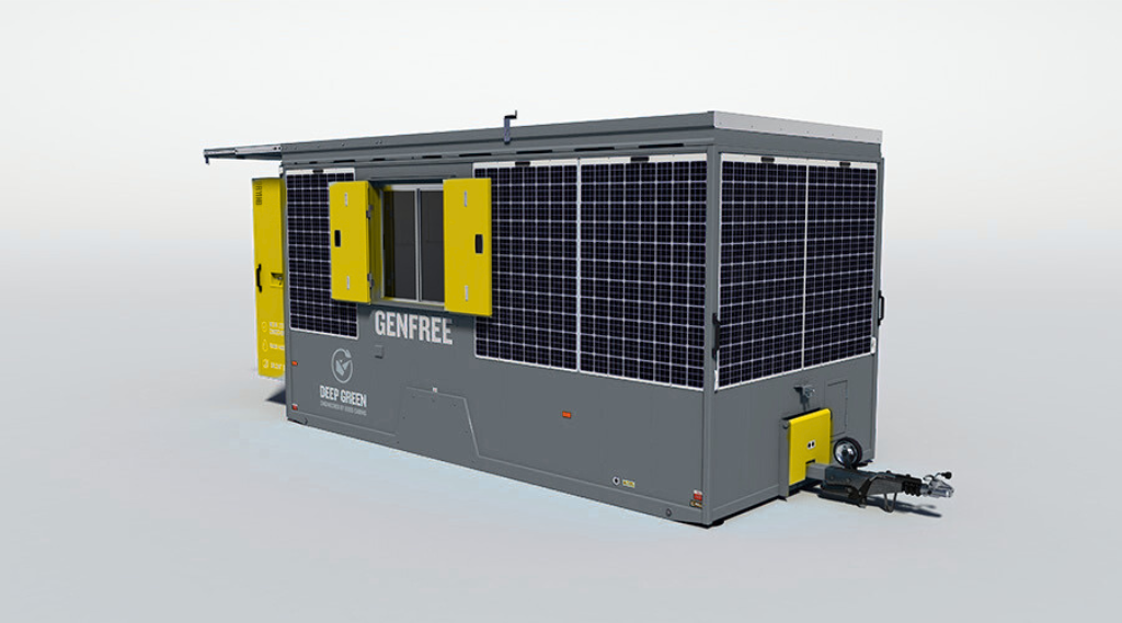 A portable green energy unit with solar panels and yellow access panels, branded 'GENFREE' and 'DEEP GREEN'.