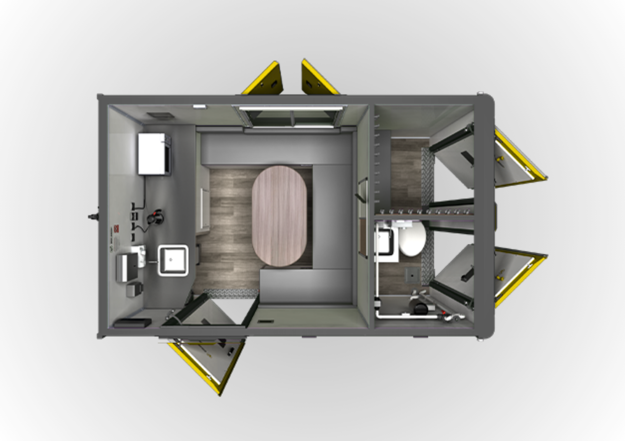 Top-down view of a mobile medical clinic interior with a consultation area, bathroom, and storage spaces.