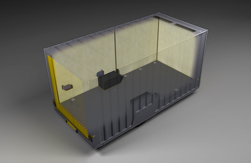 A 3D-rendered model of an enclosed cargo container with transparent walls, showing an empty interior with insulation panels and a black box mounted on one wall.