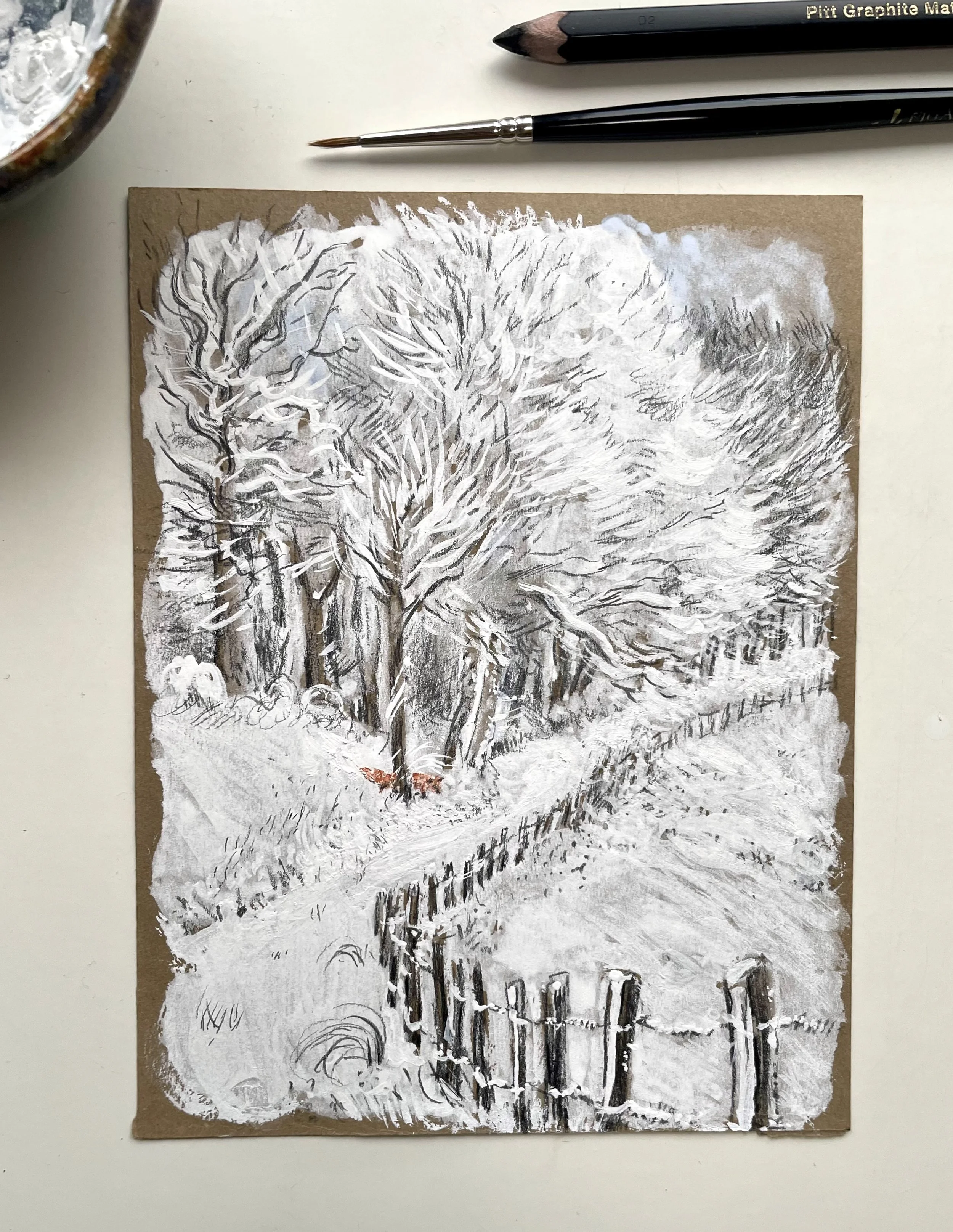 Fox through snowy trees - Original painting