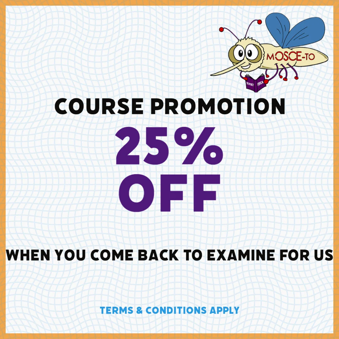 This promotion works through reimbursement of 25% of your course fee when you return to us as an examiner.&nbsp;We will honour this reimbursement, no matter when you pass.How it works - simply email us:Certificate of attendanceEvidence of pass in Primary FRCA OSCEExamine for us on at least one of our next scheduled OSCE sessions and we will refund you 25% of your total course fee.That means £75 back for a full day course!