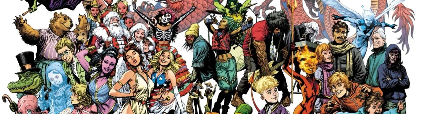 A diverse group of fantasy and science fiction characters gathered together, including heroes, villains, mythical creatures, and whimsical figures, in a colorful illustration.