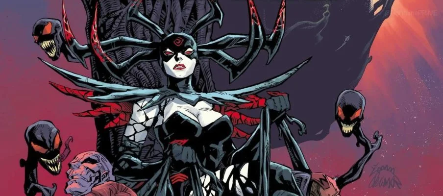 Dark fantasy illustration featuring a woman with black and white makeup, black outfit, and large horns, seated on a throne-like structure surrounded by skeletal, demonic creatures with sharp teeth and claws against a dark, ominous background.