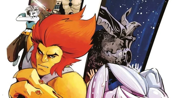 A collage of animated and fantasy characters, including a lion-headed warrior with a red mane, a robotic figure with white armor, a flying dragon, and a space scene with a spaceship
