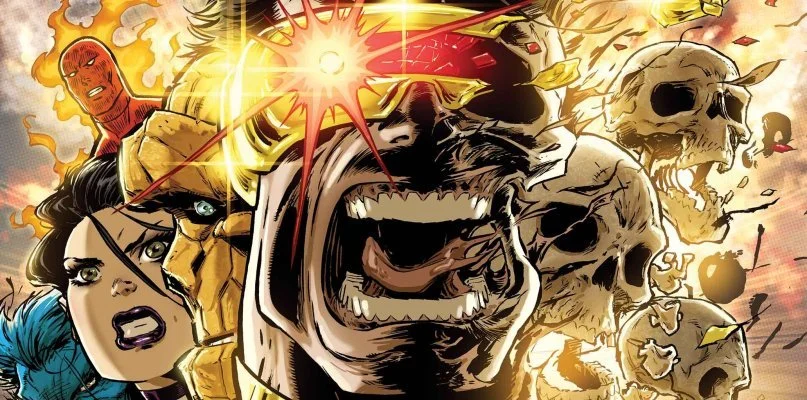 Comic book-style battle scene with a fierce woman, a robotic figure, a monstrous creature with sharp teeth, and multiple skulls, all under intense lighting and explosions.