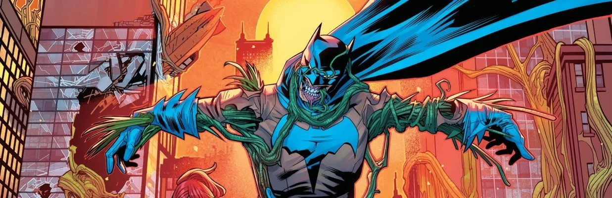 Comic book illustration of Batman, depicted as a zombie, flying over a destroyed city with broken buildings and smoke in the background during sunset.